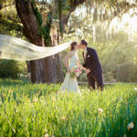 photo of a bride and groom at brookgreen gardens with the veil blowing in the wind by myrtle beach photographer gillian claire