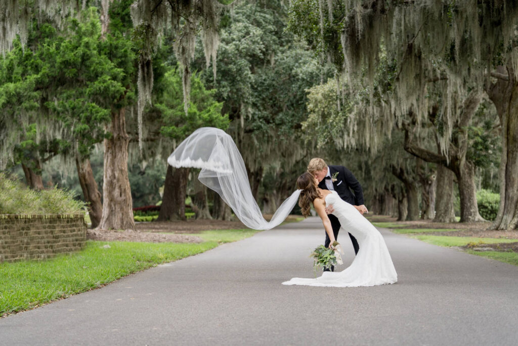 bride and groom portrait wedding veil at caledonia plantation